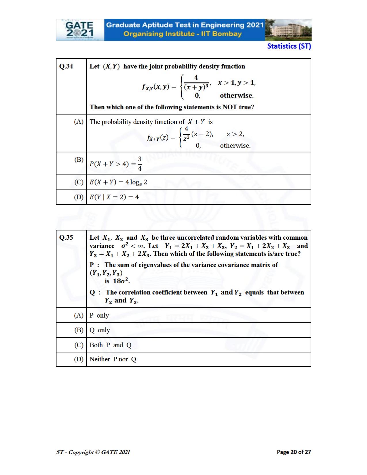 GATE 2021 Statistics (ST) Question Paper - Page 20