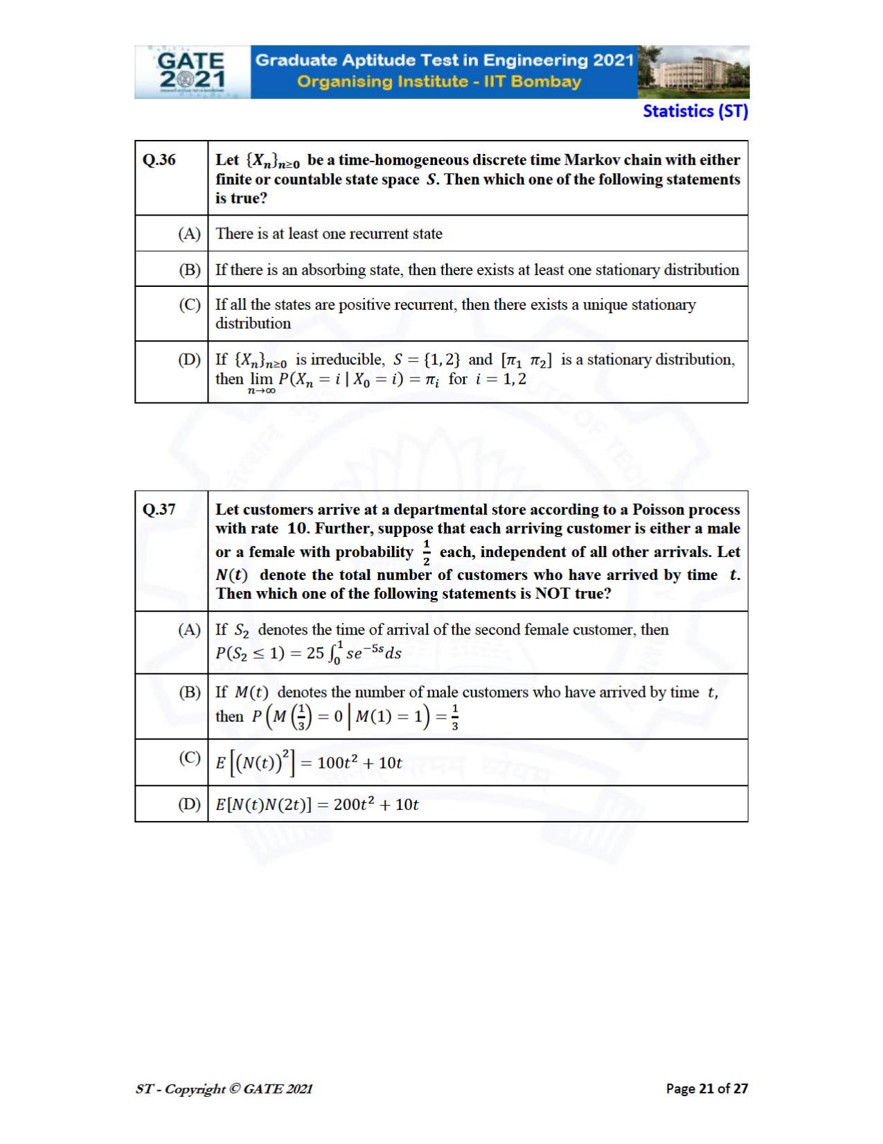 GATE 2021 Statistics (ST) Question Paper - Page 21