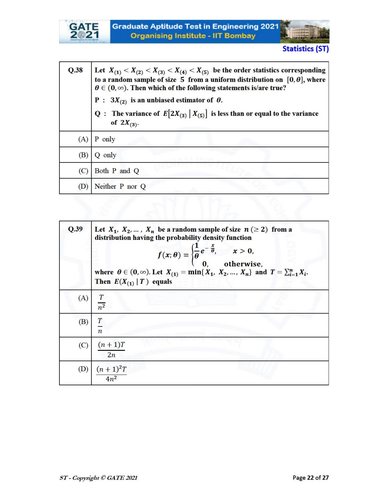 GATE 2021 Statistics (ST) Question Paper - Page 22