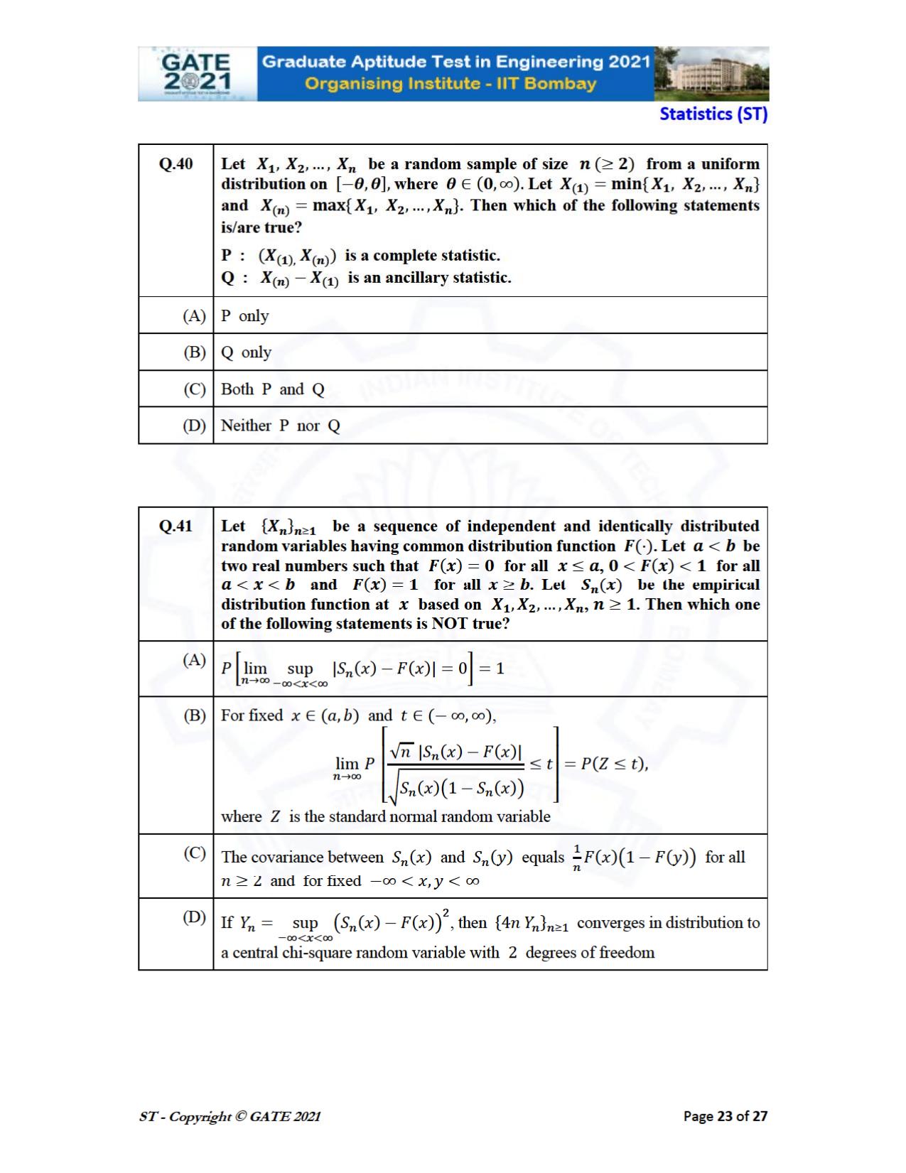 GATE 2021 Statistics (ST) Question Paper - Page 23