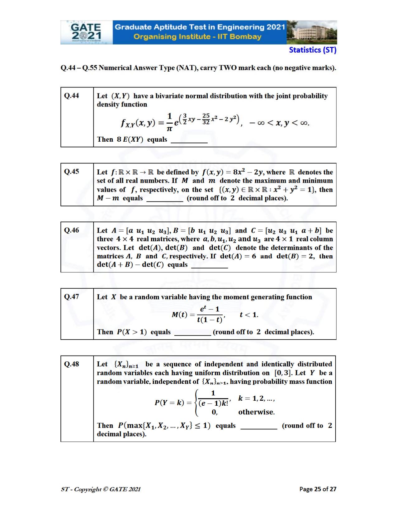 GATE 2021 Statistics (ST) Question Paper - Page 25