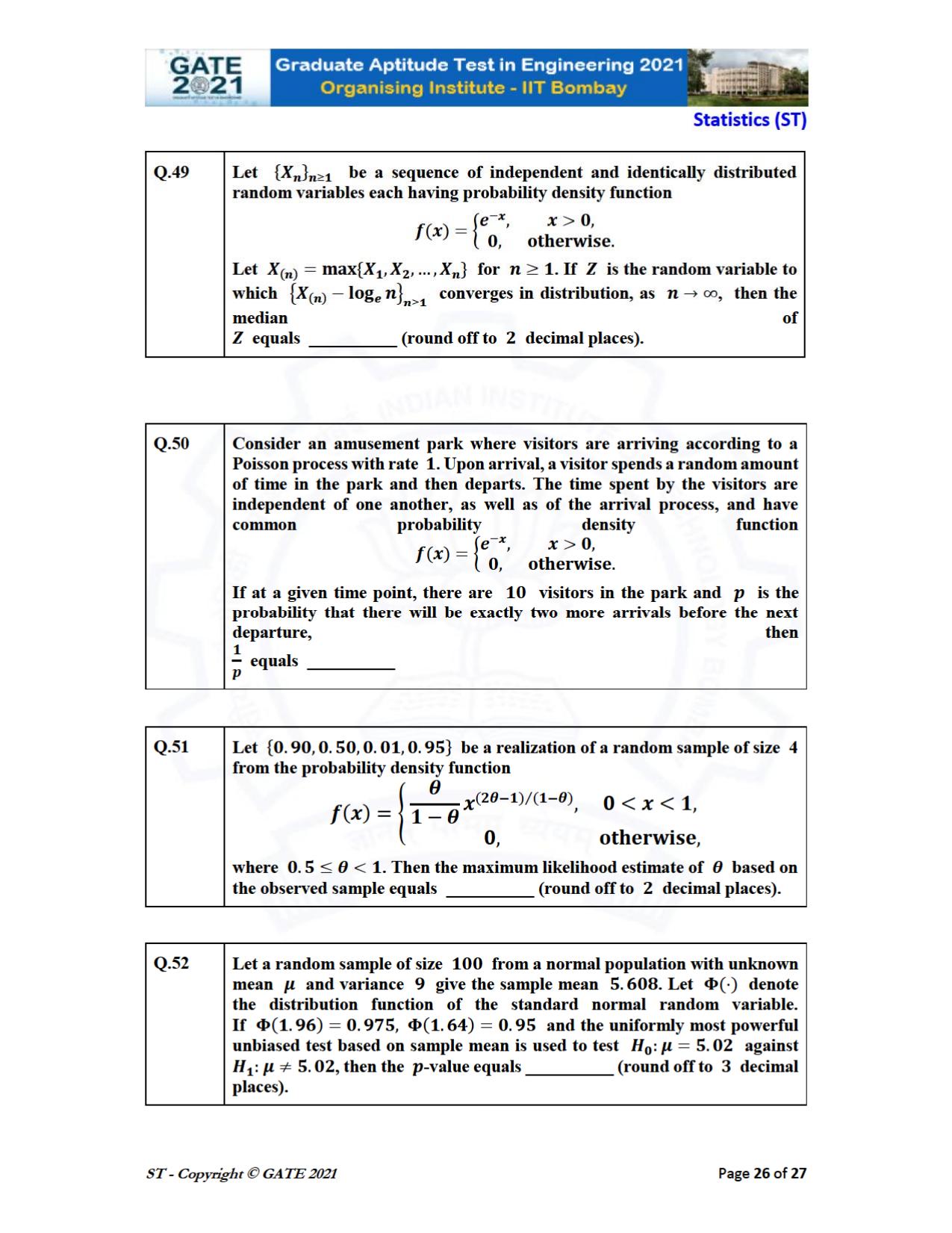 GATE 2021 Statistics (ST) Question Paper - Page 26