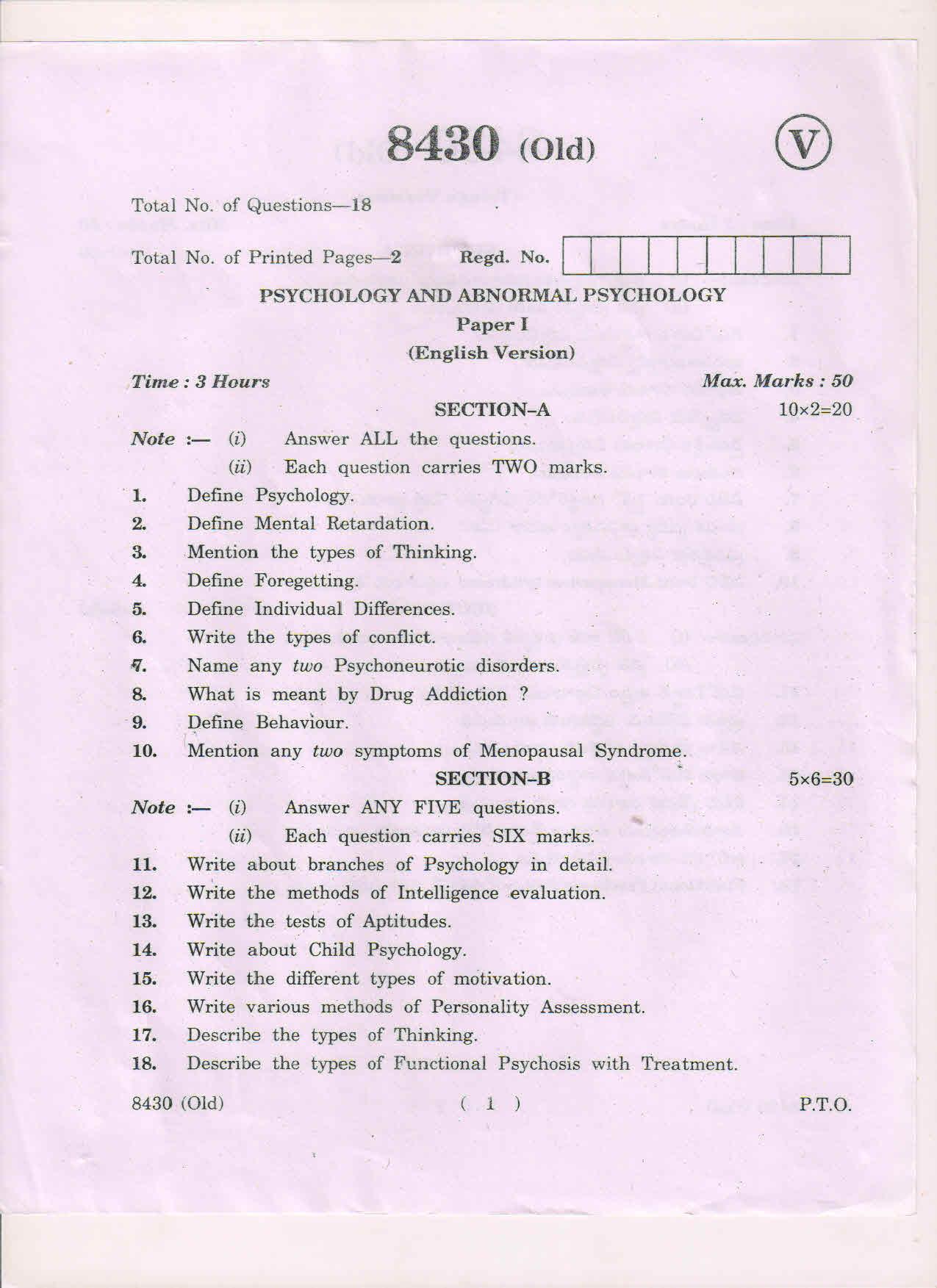 AP Inter 1st Year Psychology and Abnormal Psychology-I (Old) March-2019-Vocational Question Paper - Page 1