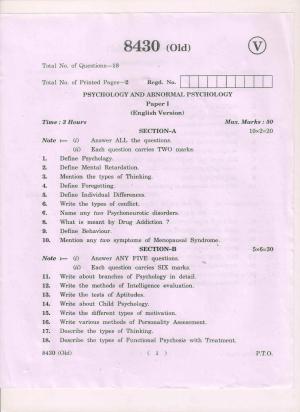 AP Inter 1st Year Psychology and Abnormal Psychology-I (Old) March-2019-Vocational Question Paper