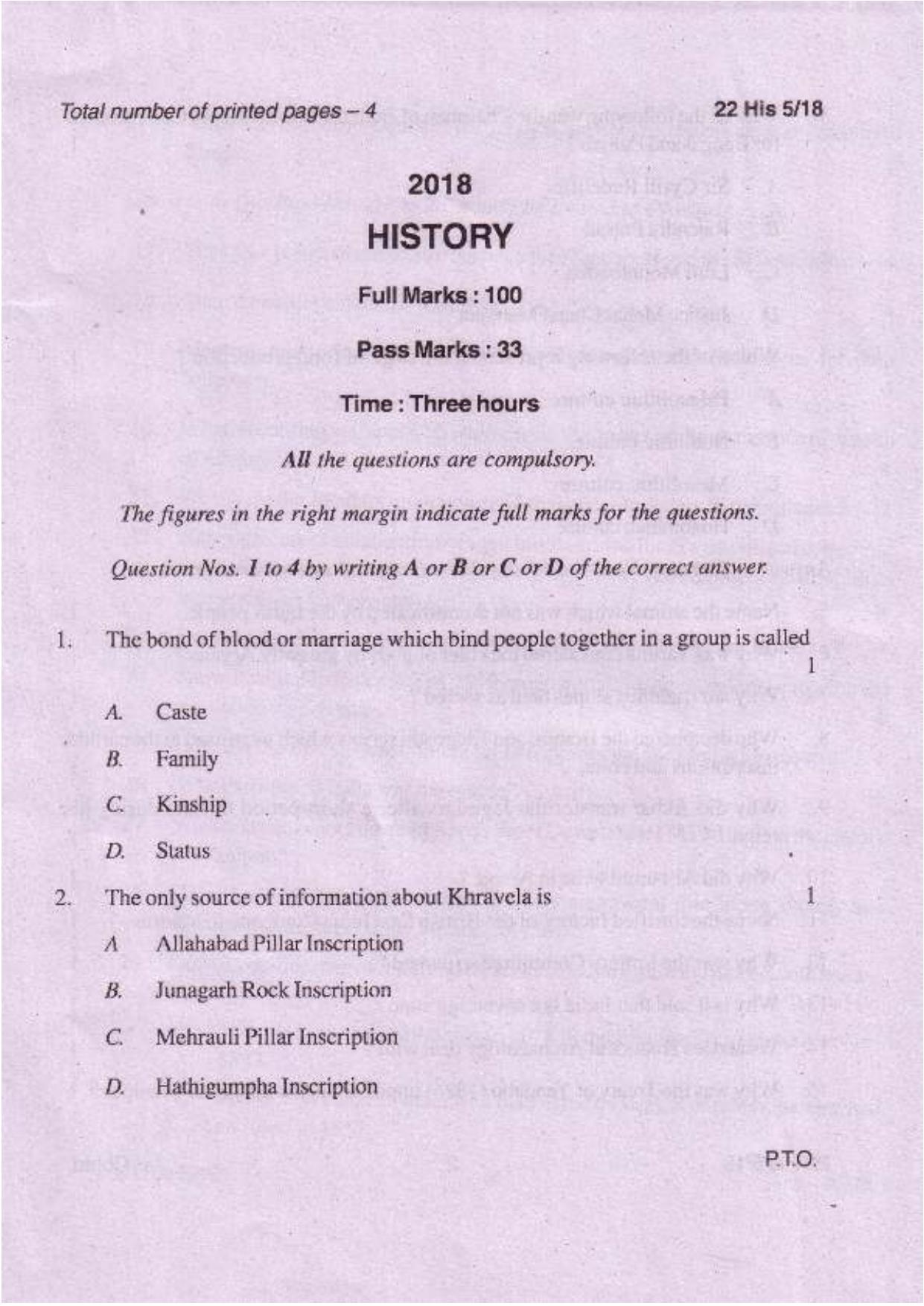 COHSEM Class 12	History 2018 Question Papers - Page 1