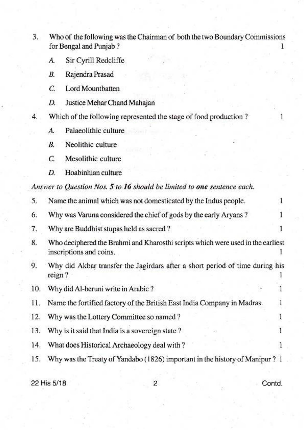 COHSEM Class 12	History 2018 Question Papers - Page 2