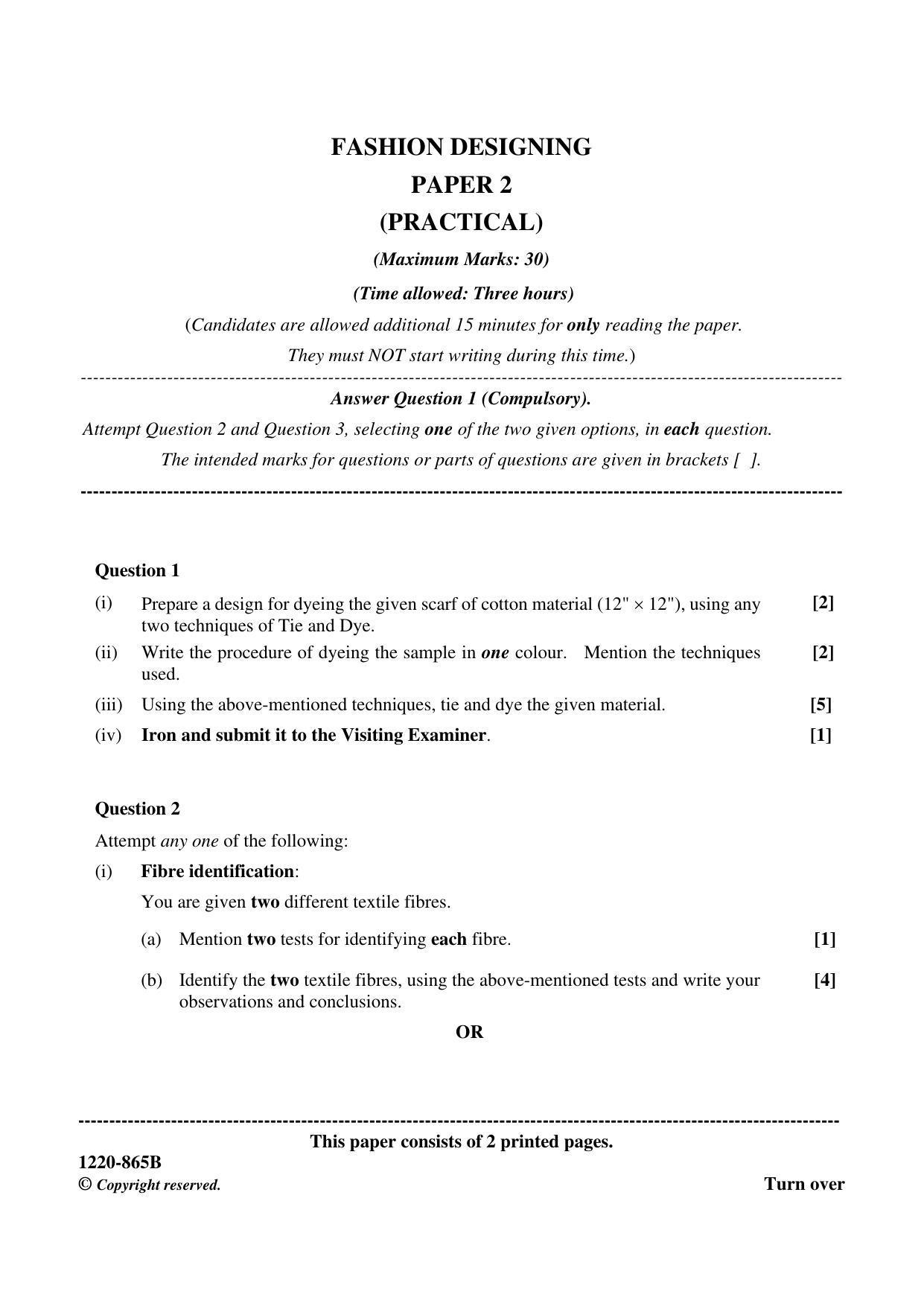 ISC Class 12 2020 Fashion Designing Paper II Question Paper - Page 1
