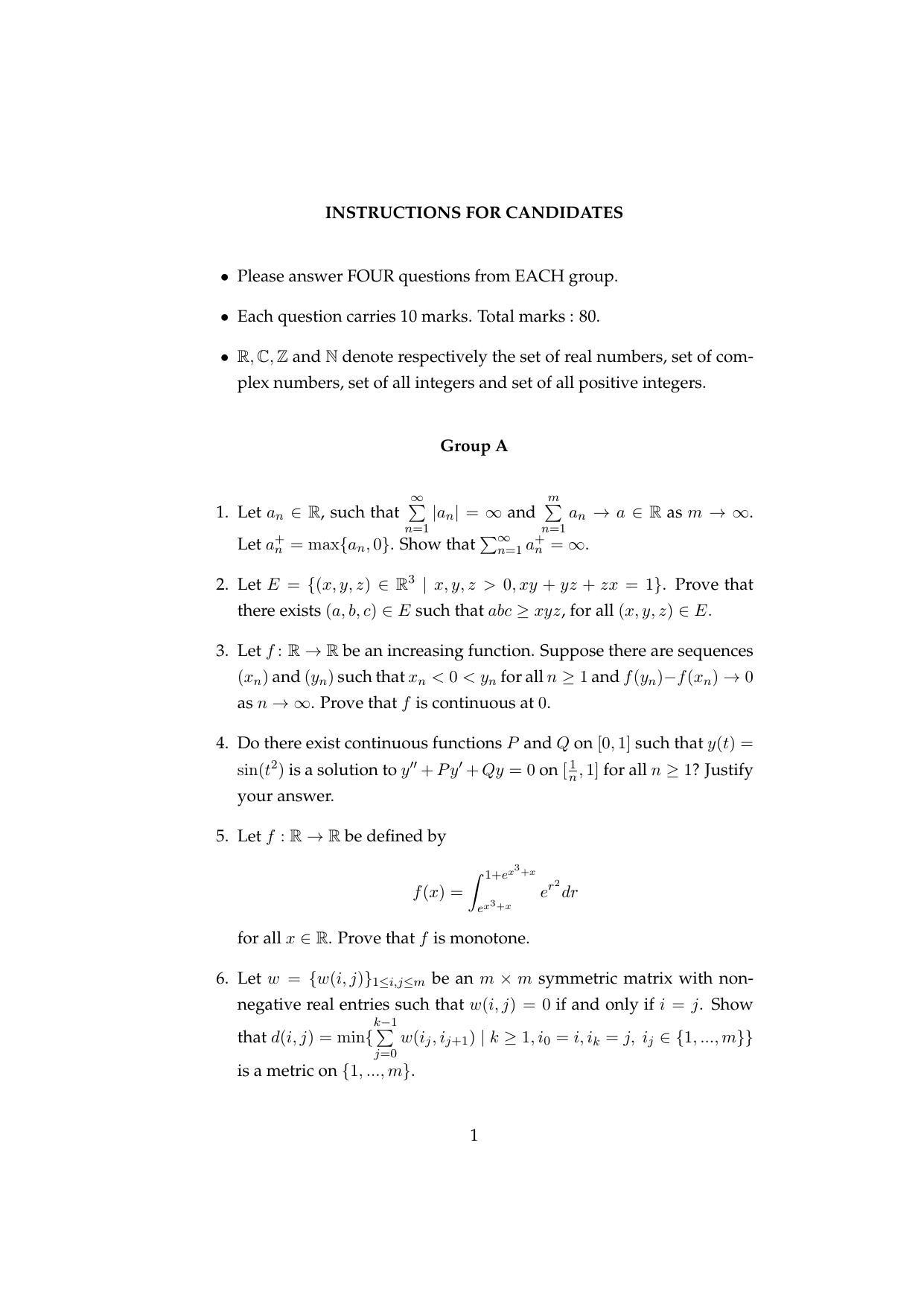 ISI Admission Test M.Math. PMB 2017 Sample Paper - Page 1