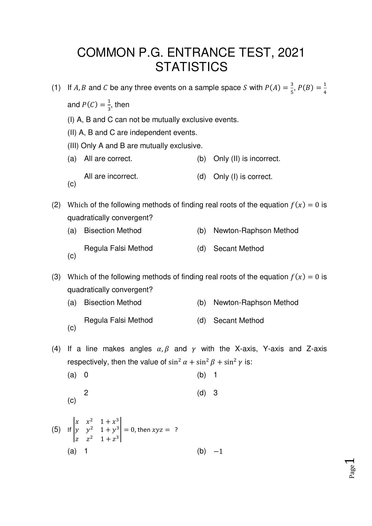 Odisha CPET 2021 STATISTICS Question Paper - Page 1