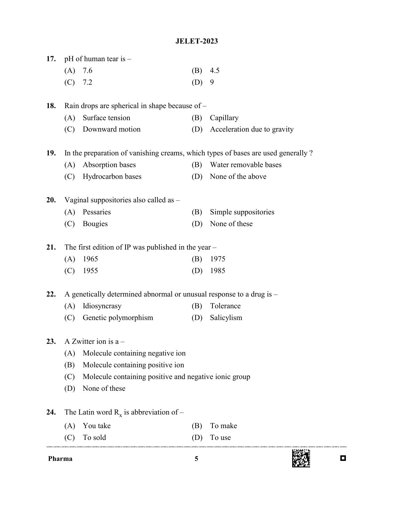 WBJEE JELET 2023 Paper II (Pharmacy) Question Papers - Page 5