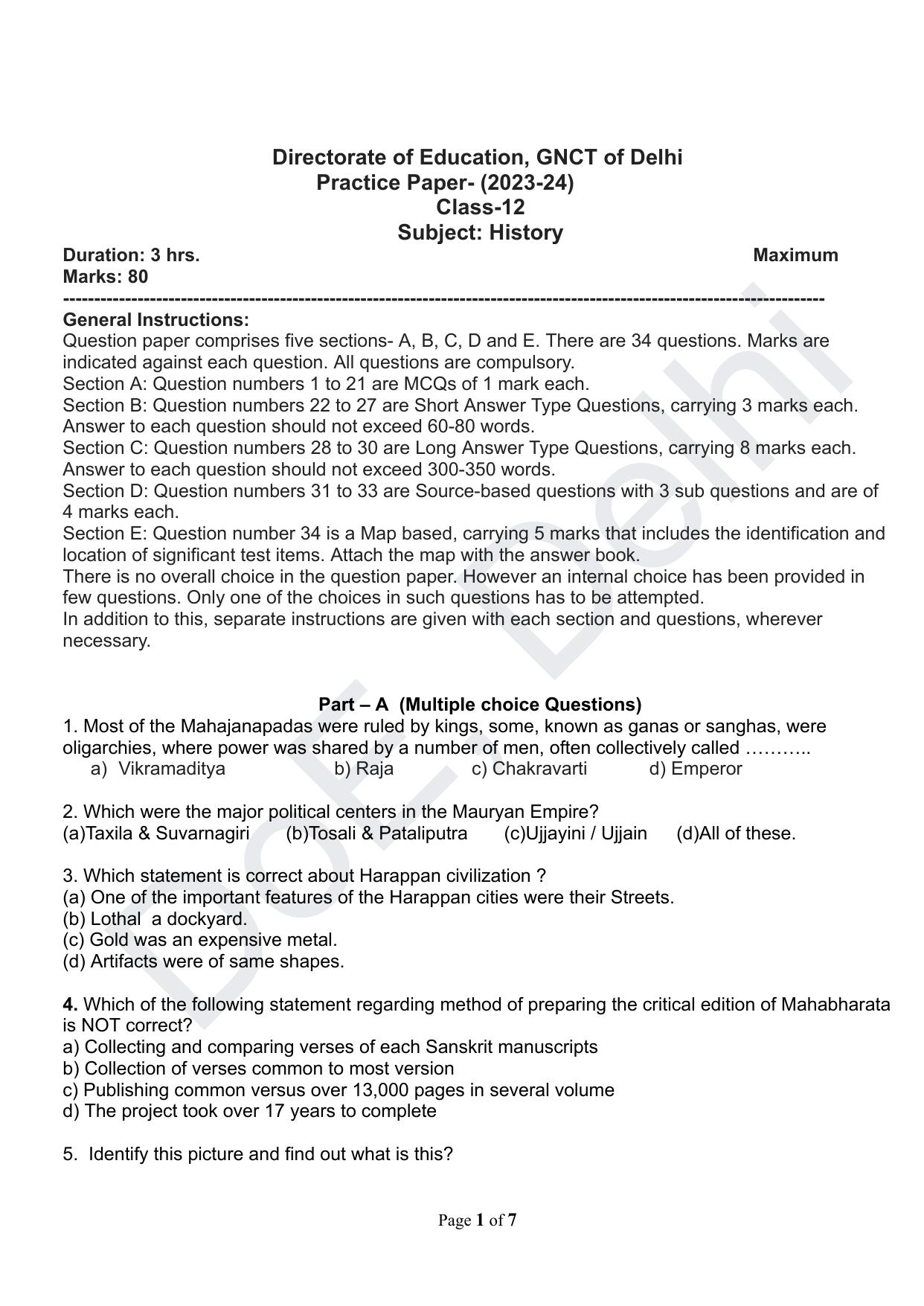 Edudel Class 12 History (English) Practice Papers-2 (2023-24) - Page 1
