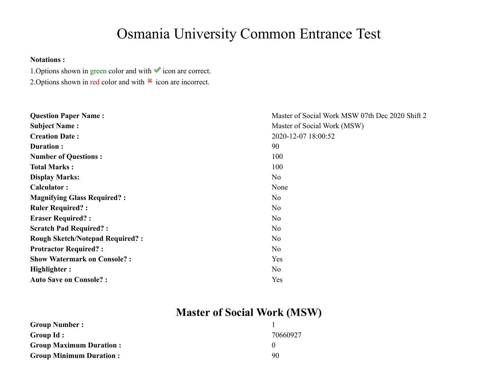 TS CPGET 2020 Master of Social Work (MSW) (Shift 2) Question Paper with Answer Key - Page 1