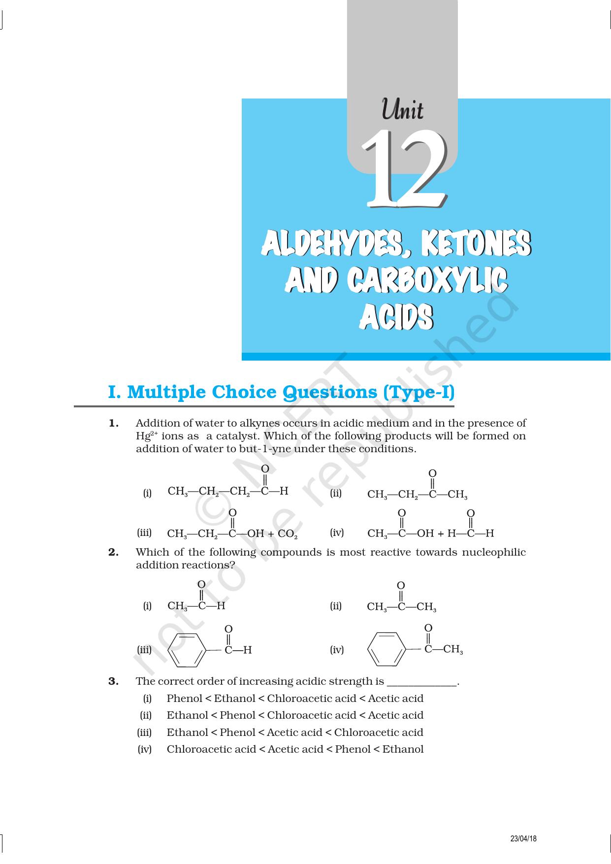 NCERT Exemplar Book for Class 12 Chemistry: Chapter 12 Aldehydes, Ketones and Carboxylic Acids - Page 1