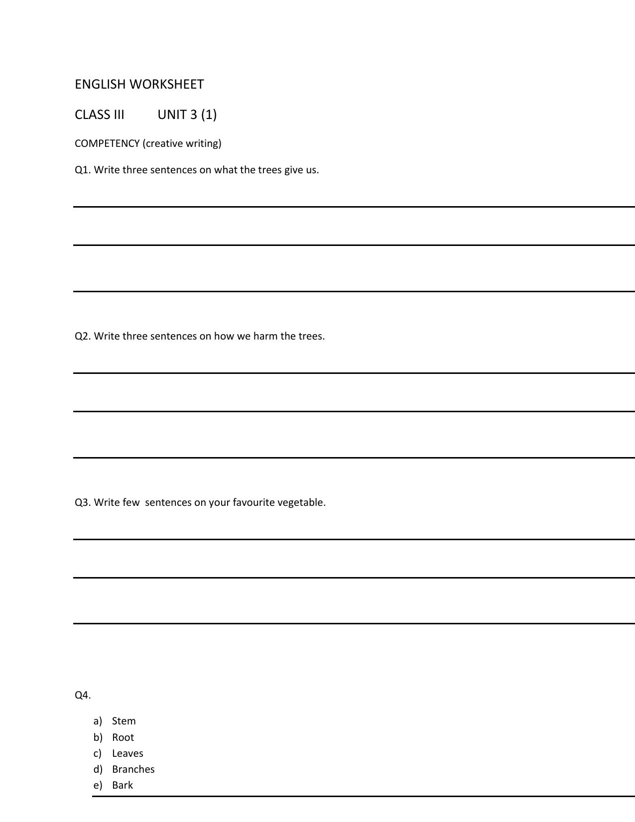 Worksheet for Class 3 English Creative Writing Assignment - Page 1