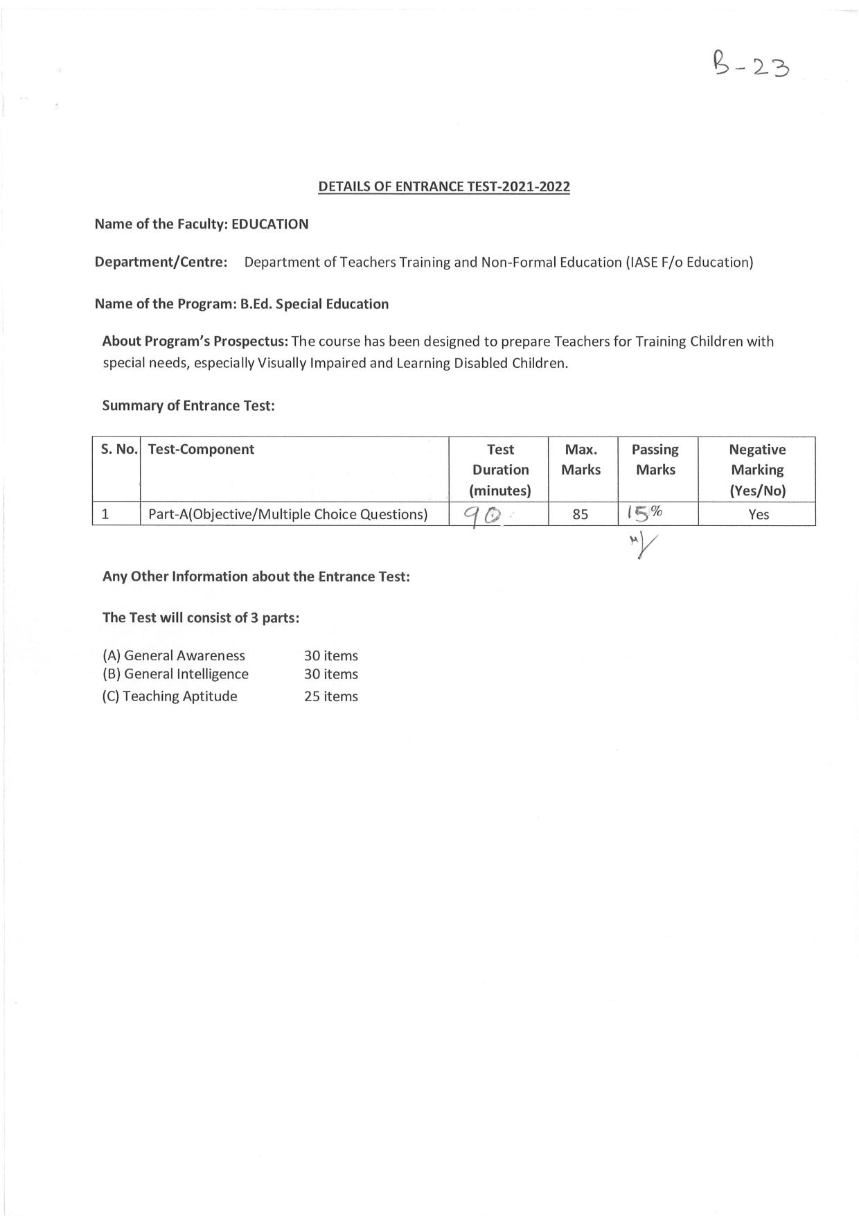 JMI Entrance Exam B23-B.Ed. (Special Education) Syllabus - Page 1