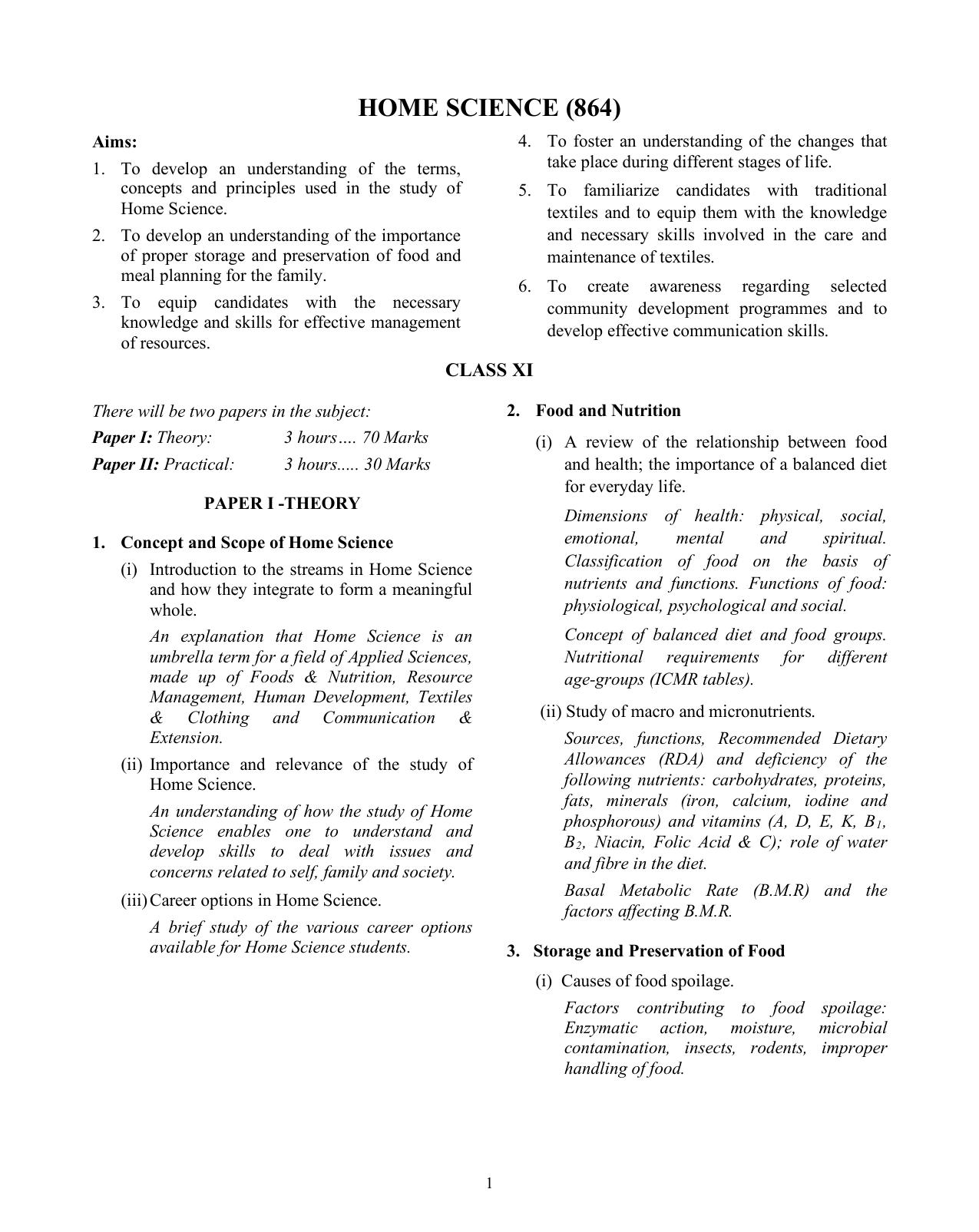 ISC Class XI & XII Home Science 2025 Syllabus - Page 1