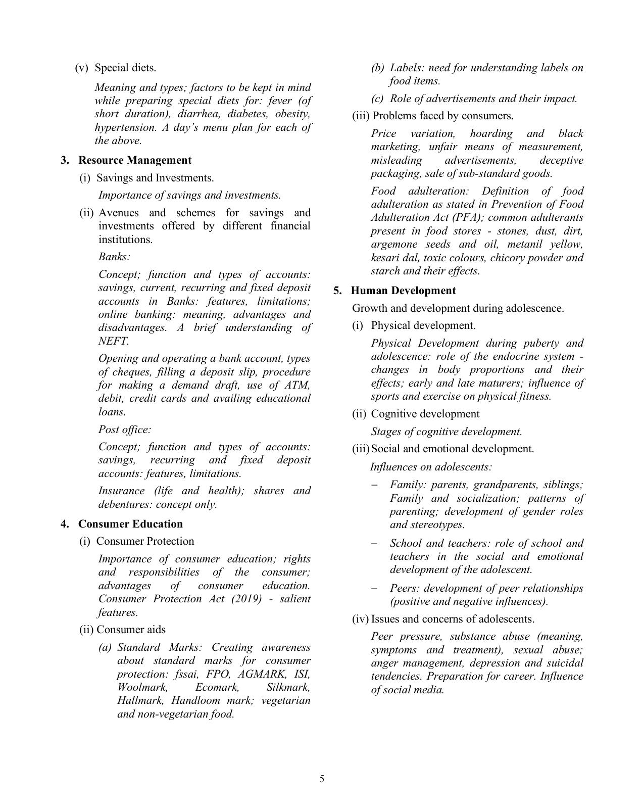 ISC Class XI & XII Home Science 2025 Syllabus - Page 5