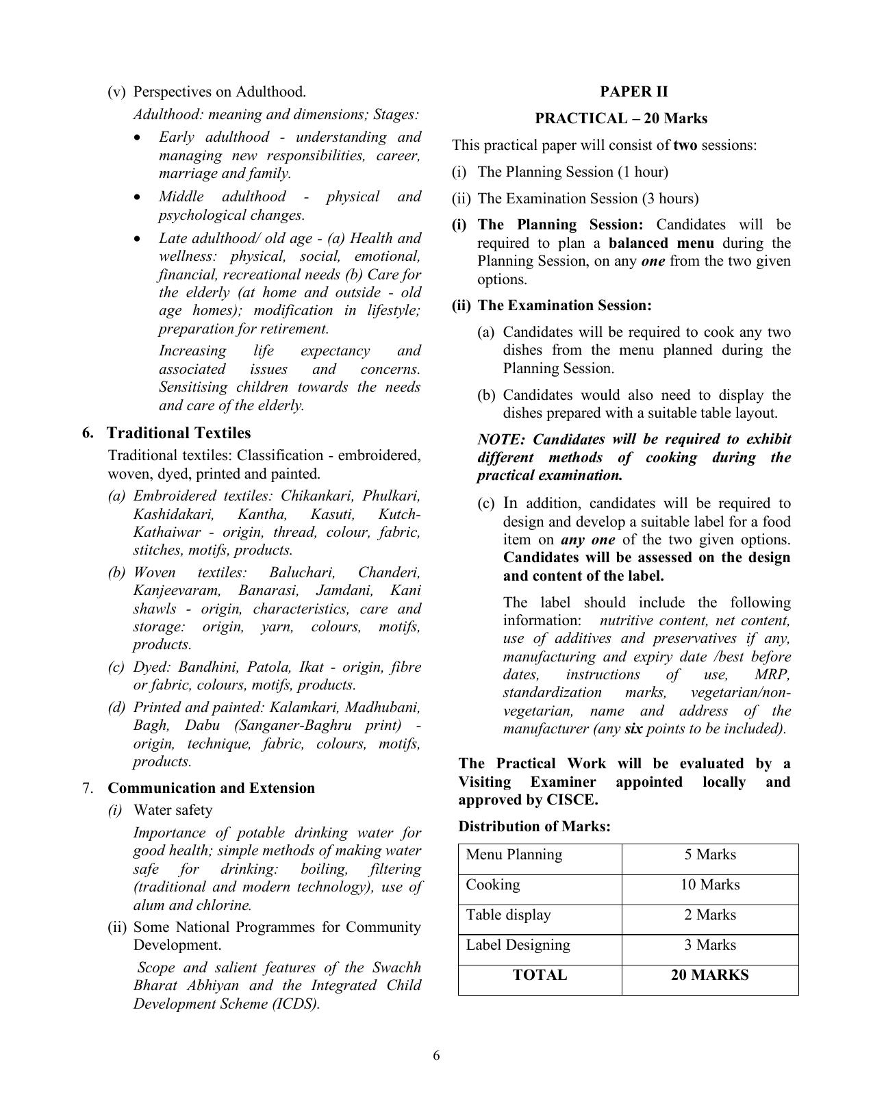 ISC Class XI & XII Home Science 2025 Syllabus - Page 6