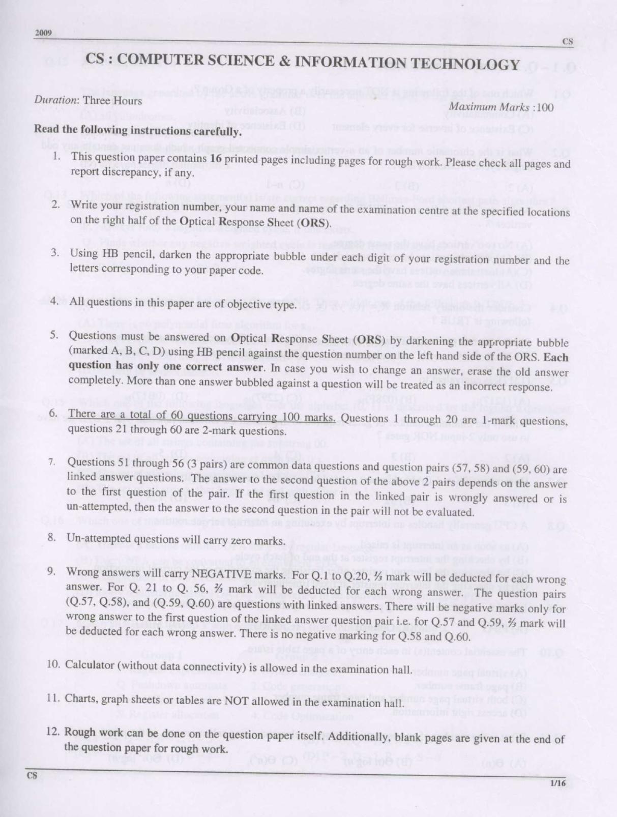 GATE 2009 Computer Science and Information Technology (CS) Question Paper with Answer Key - Page 1