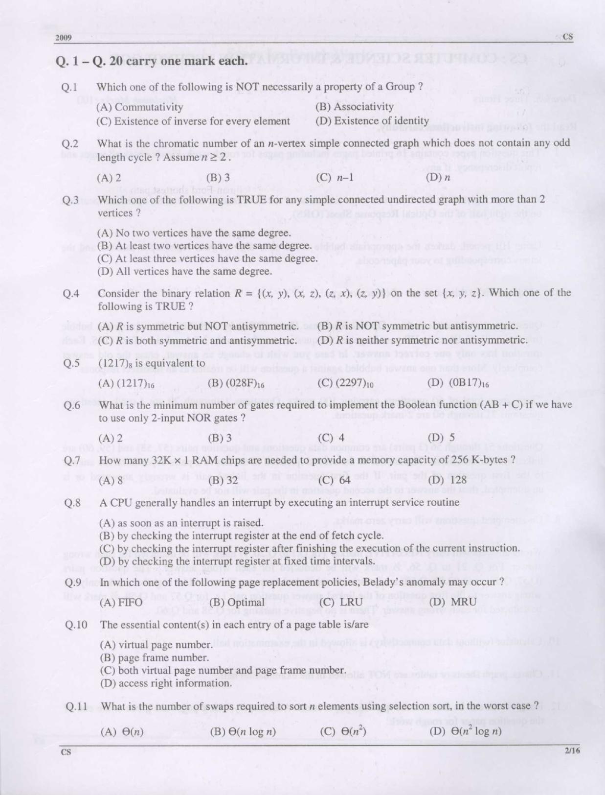 GATE 2009 Computer Science and Information Technology (CS) Question Paper with Answer Key - Page 2