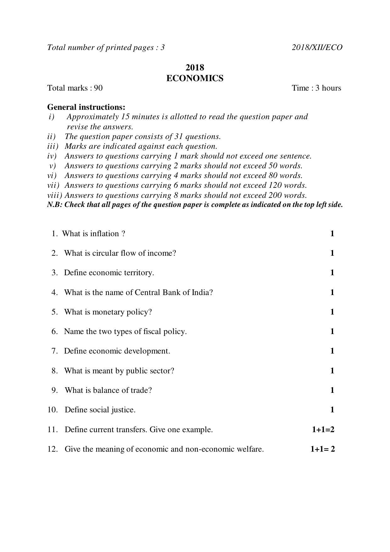 Nagaland Board Class 12 ECONOMICS 2018 Question Papers - Page 1