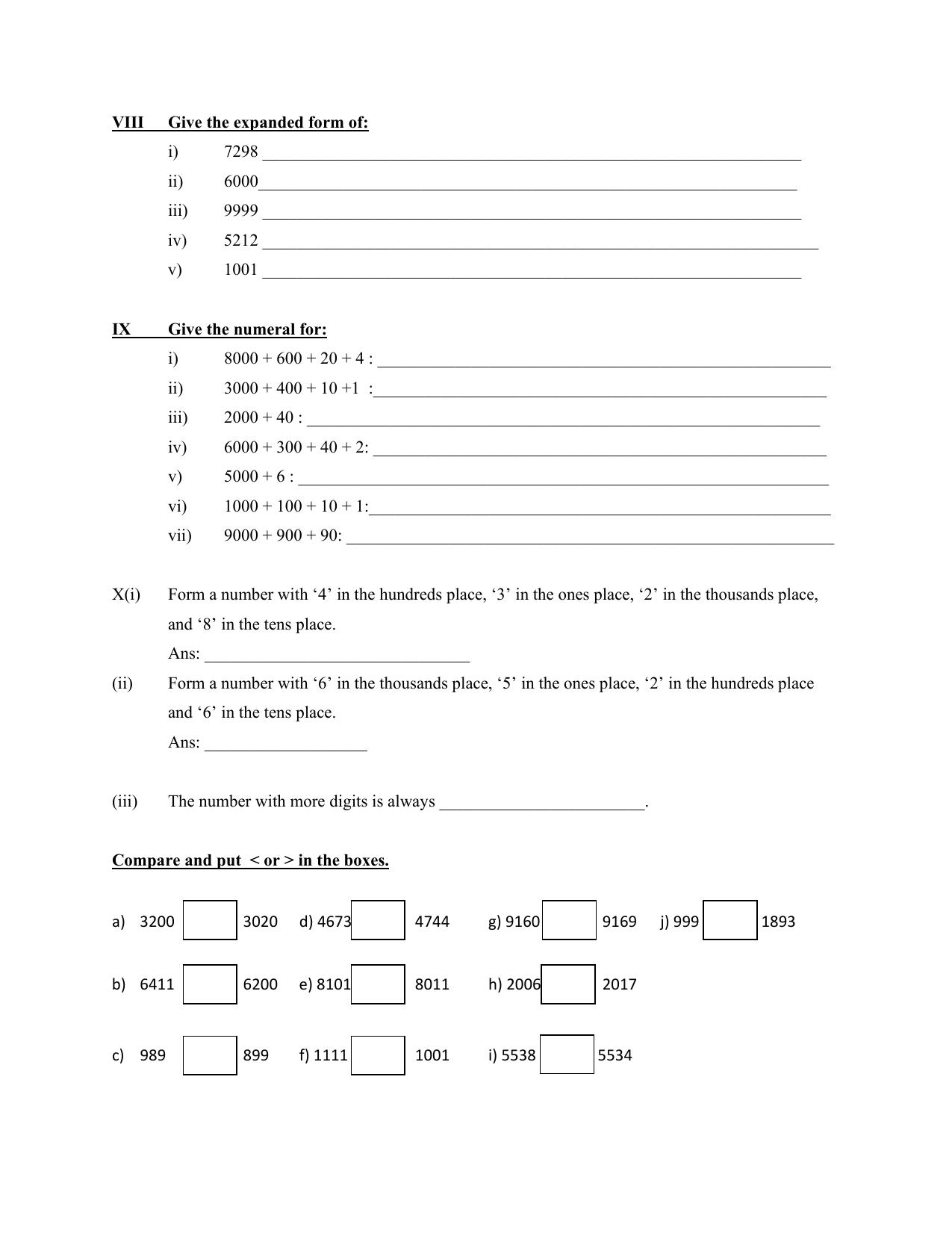 Worksheet for Class 3 Mathematics Place value Assignment II - Page 4