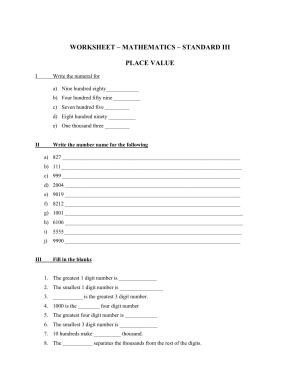 Worksheet for Class 3 Mathematics Place value Assignment II