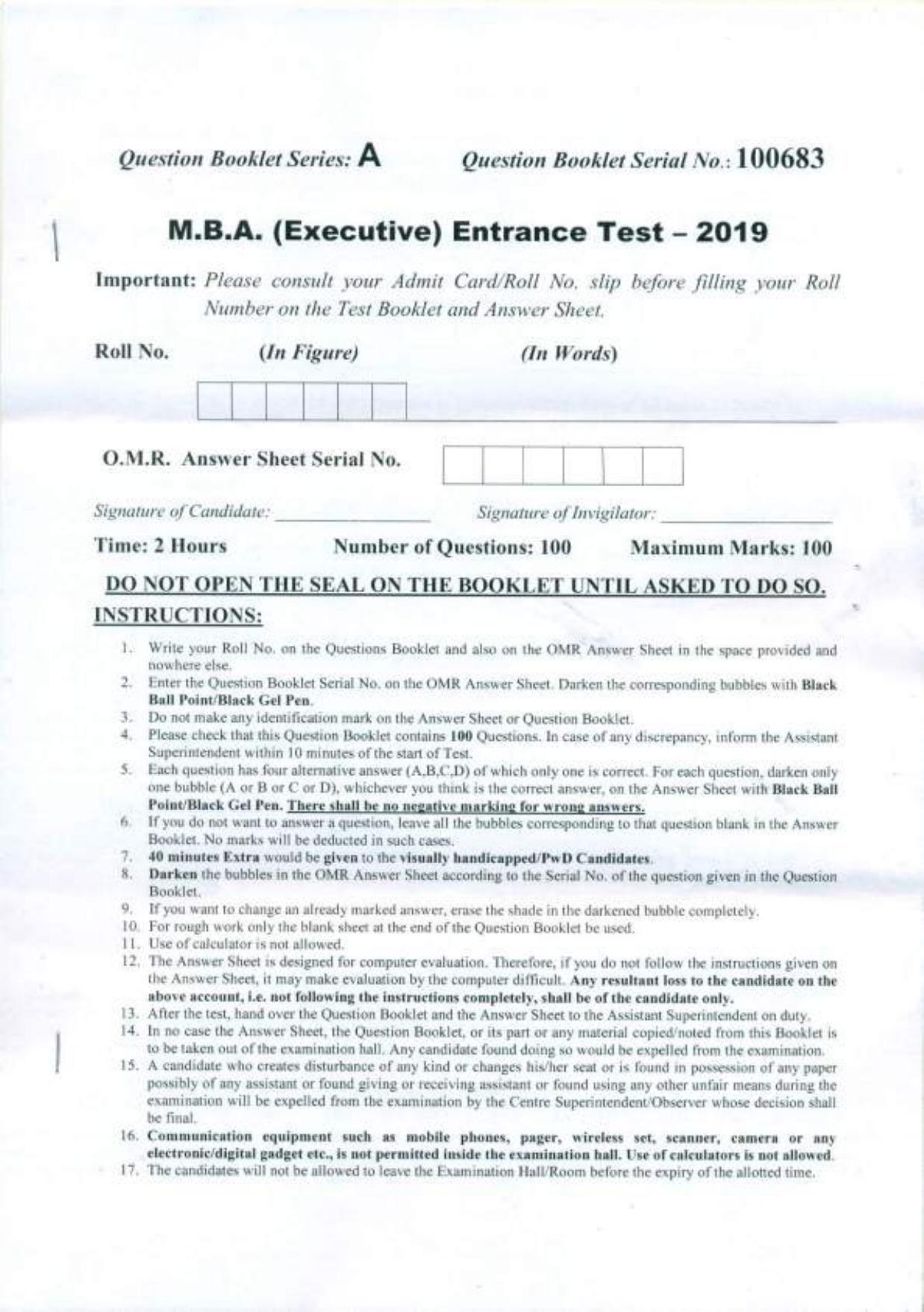 PU USOL MBA (Executive) Entrance Exam 2019 Question Booklet - Page 1