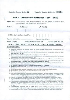 PU USOL MBA (Executive) Entrance Exam 2019 Question Booklet