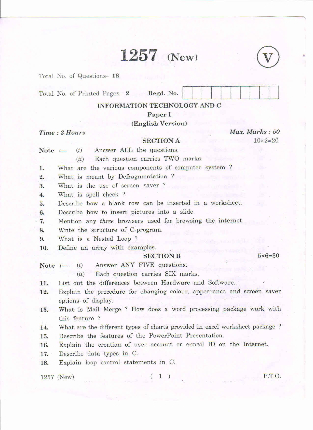 AP Inter 1st Year nformation Technology and C -I (New) March-2019-Vocational Question Paper - Page 1
