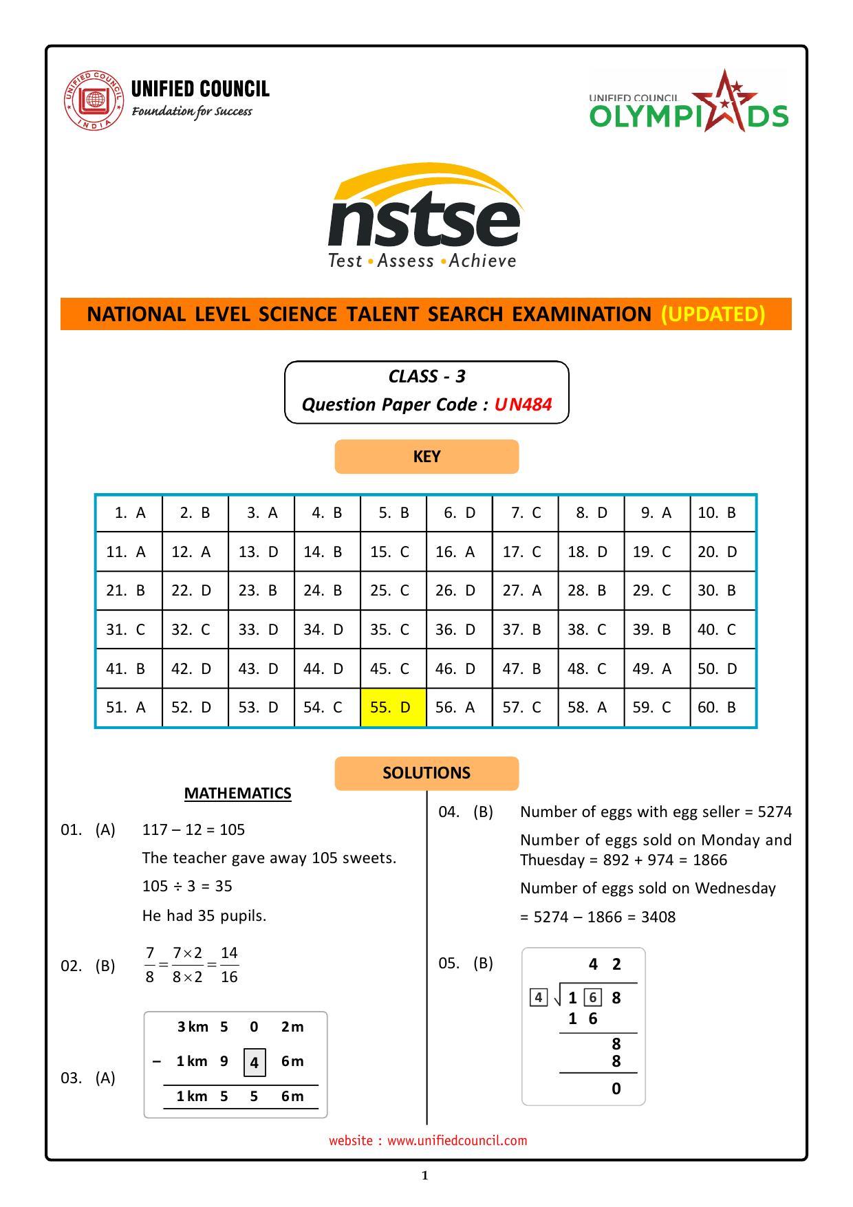 NSTSE 2023 Class 3 Answer Key (Paper Code 484) - Page 1