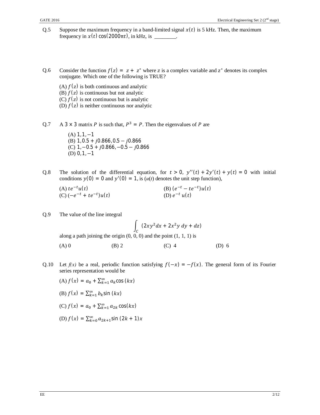 GATE 2016 Electrical Engineering (EE) Question Paper with Answer Key - Page 25
