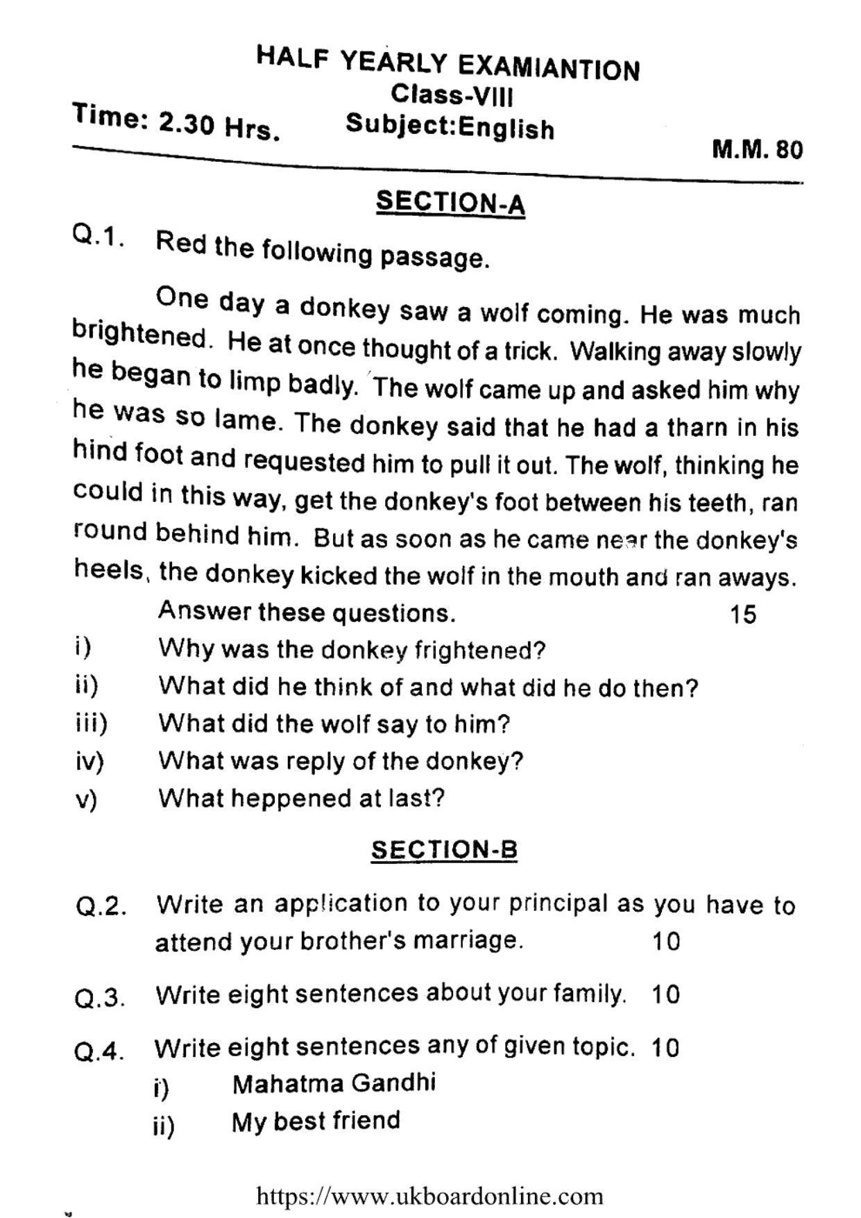 UBSE Class 8 HY ENGLISH 2021 Question Paper - Page 1