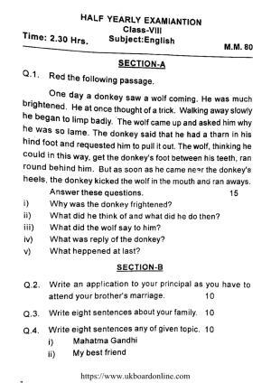 UBSE Class 8 HY ENGLISH 2021 Question Paper