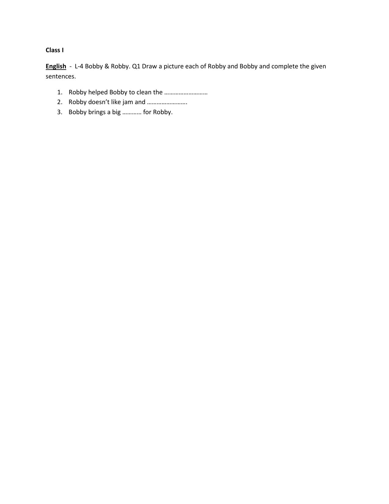 Worksheet for Class 1 English Assignment 51 Bobby and Robby (2) - Page 1