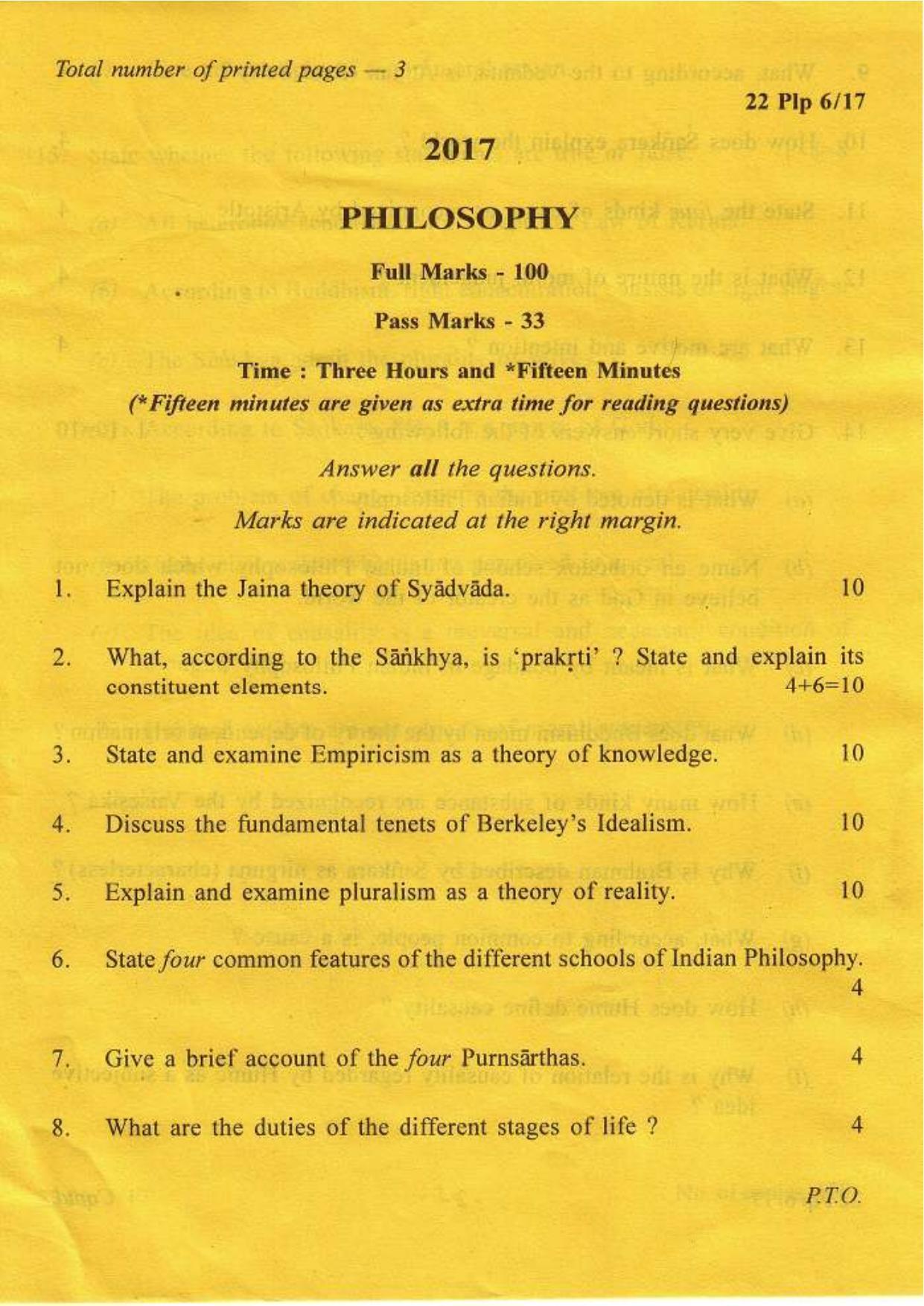COHSEM Class 12 Philosophy 2017 Question Papers - Page 1