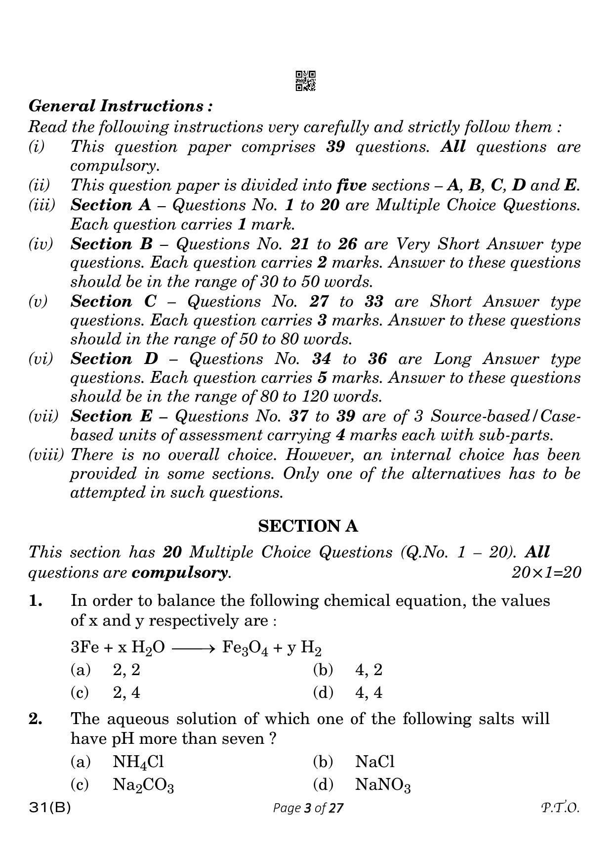 CBSE Class 10 31-B Science 2023 (Compartment) Question Paper - Page 3