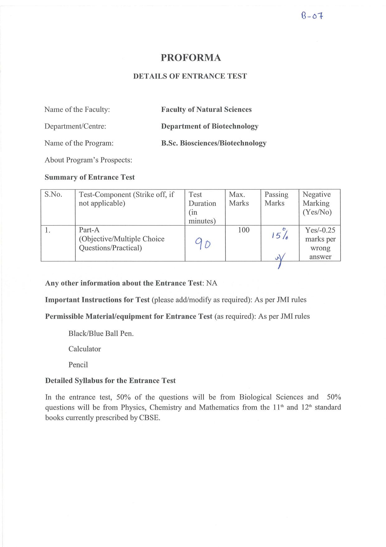 JMI Entrance Exam B07-B.Sc.(Biotechnology) Syllabus - Page 1