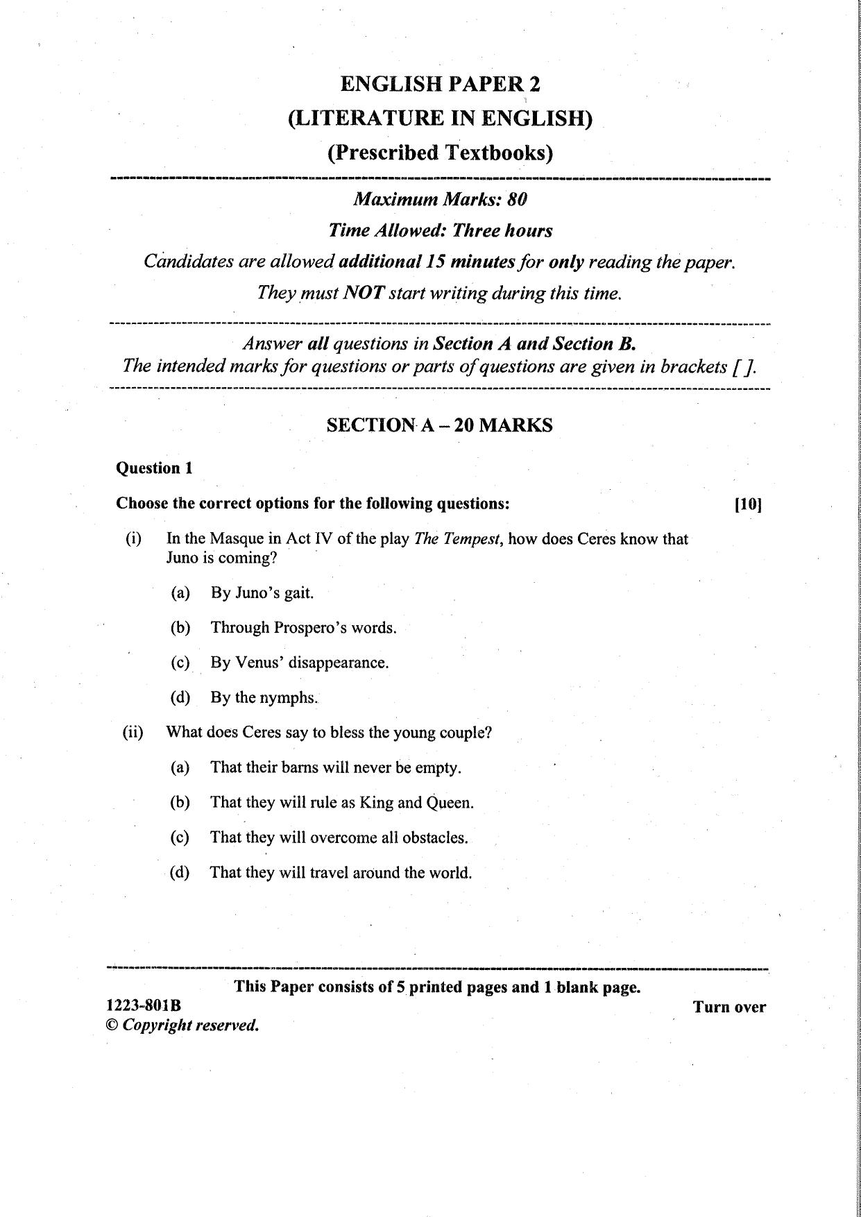 ISC Class 12 English Literature (Paper 2) 2023 Question Paper - Page 1