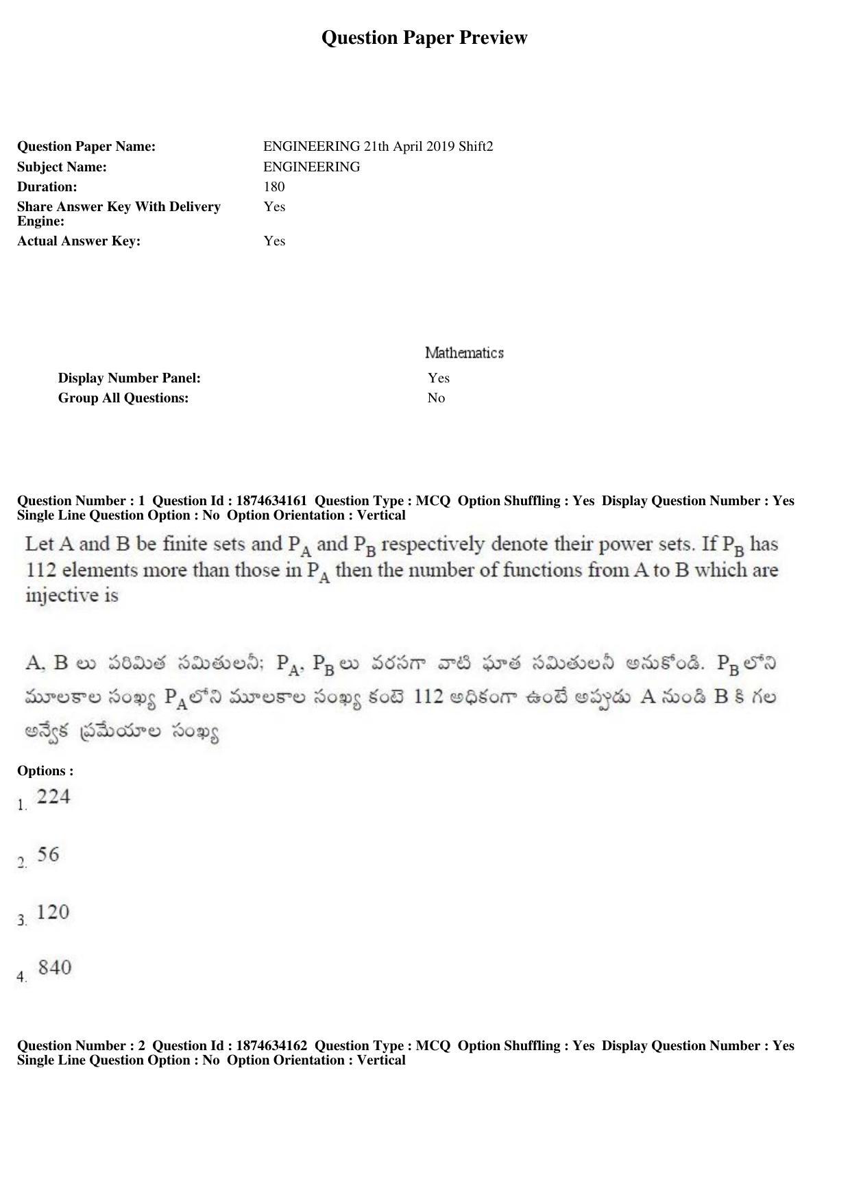 AP EAPCET 2019 - 21 April 2019 Afternoon - Master Engineering Question Paper With Preliminary Keys - Page 1