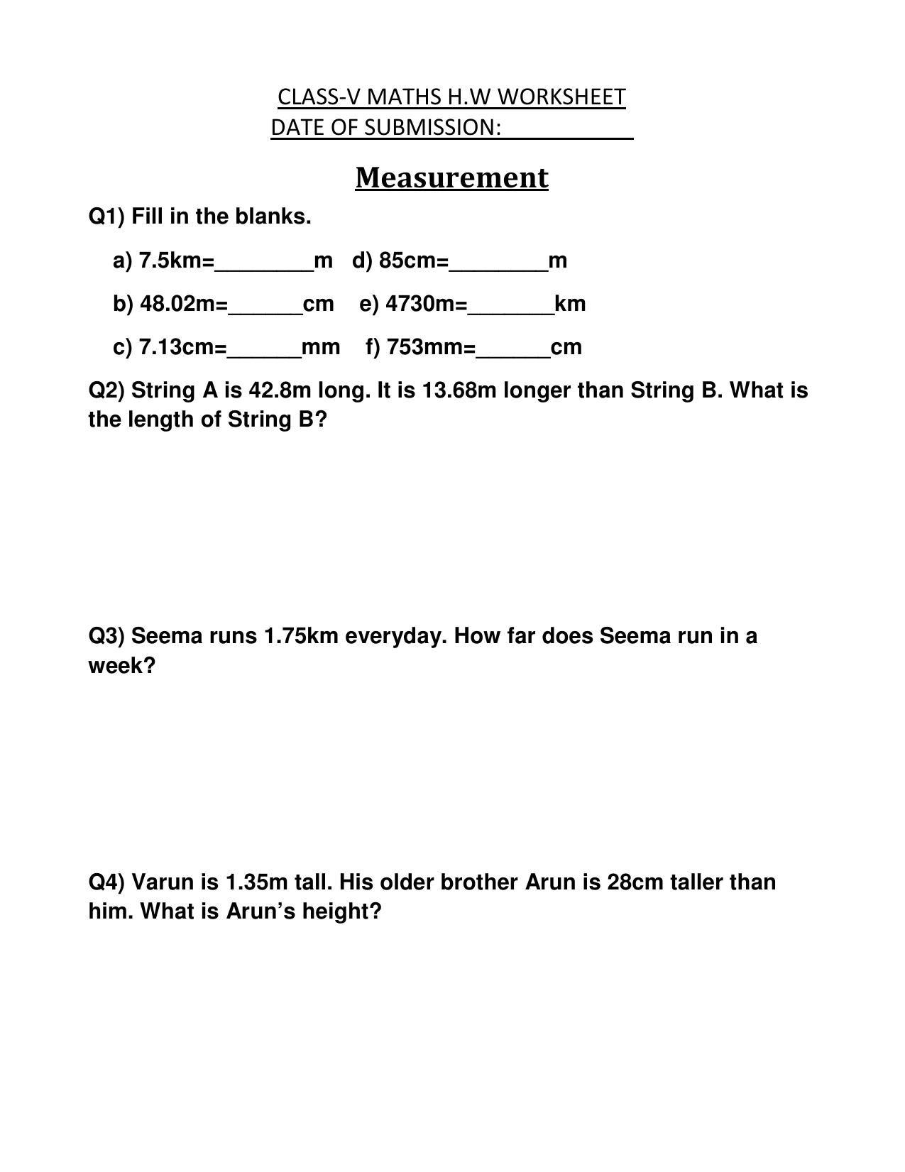 Worksheet for Class 5 Maths Measurement Assignment - Page 1