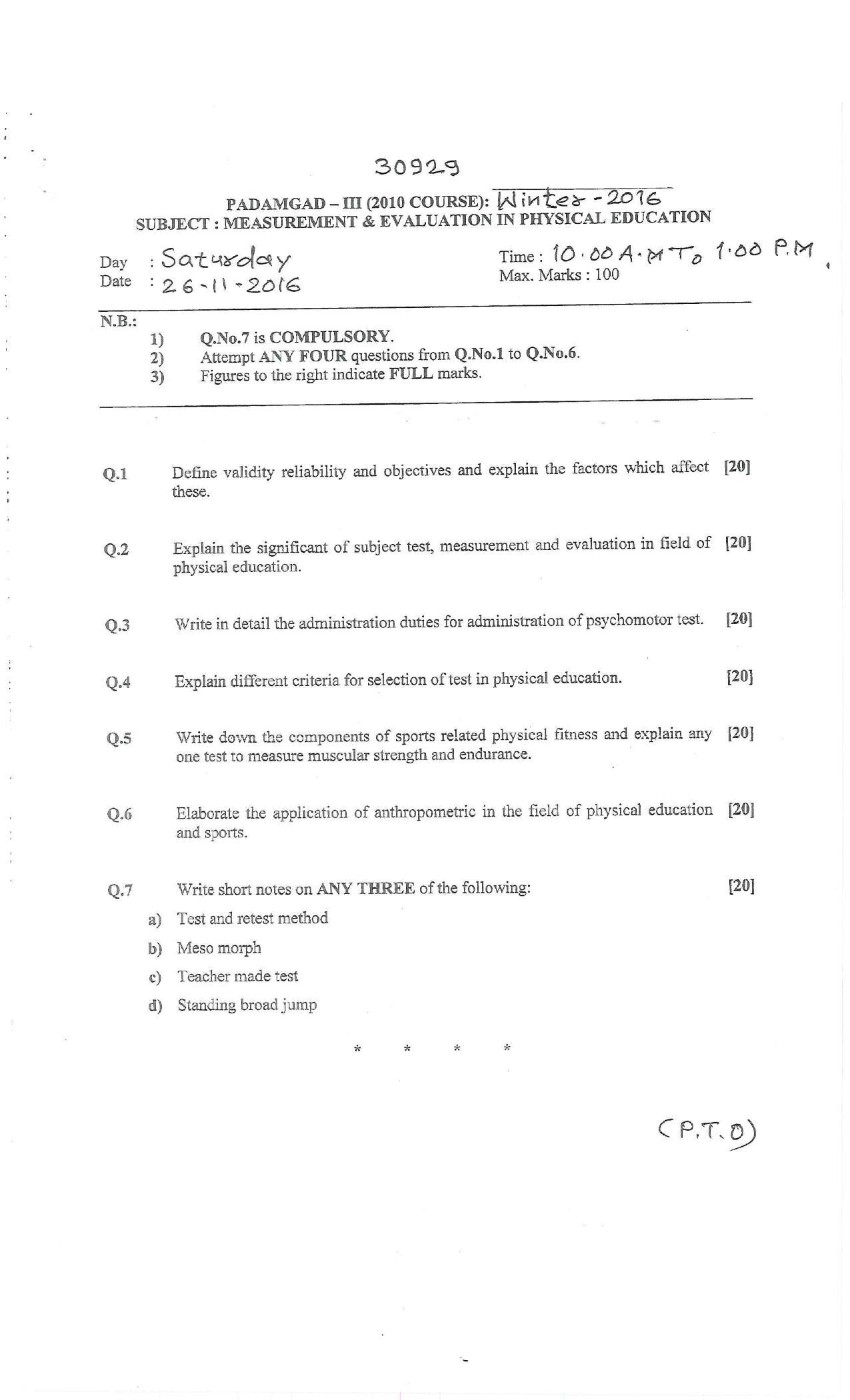 Bharati Vidyapeeth M.P.Ed (Master of Physical Education) 2010 COURSE SEM – III Question Paper - Page 3