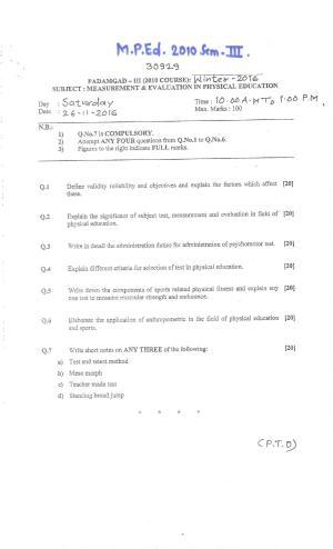 Bharati Vidyapeeth M.P.Ed (Master of Physical Education) 2010 COURSE SEM – III Question Paper