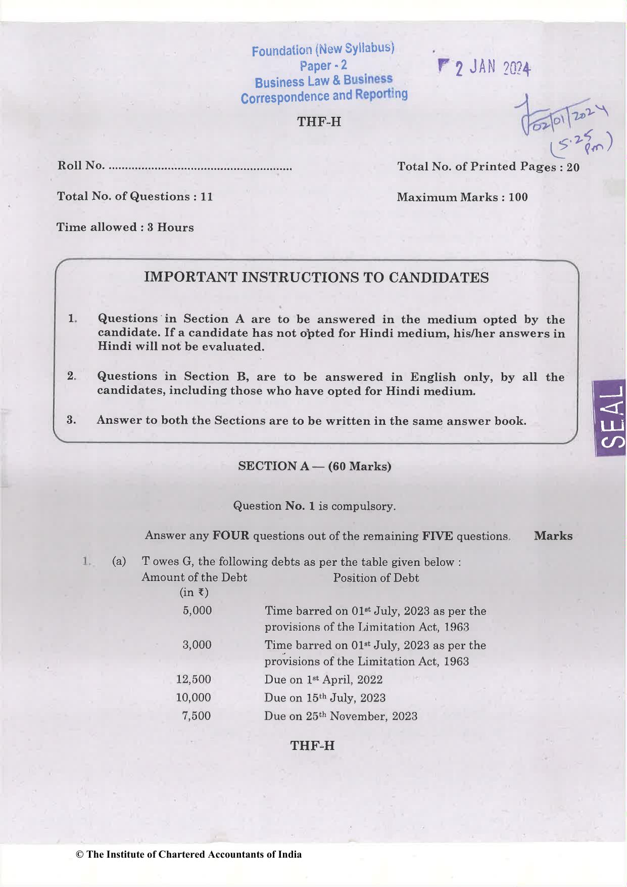 CA Foundation December 2023 Question Paper - Paper 2 (Business Laws and Business Correspondence and Reporting) - Page 1