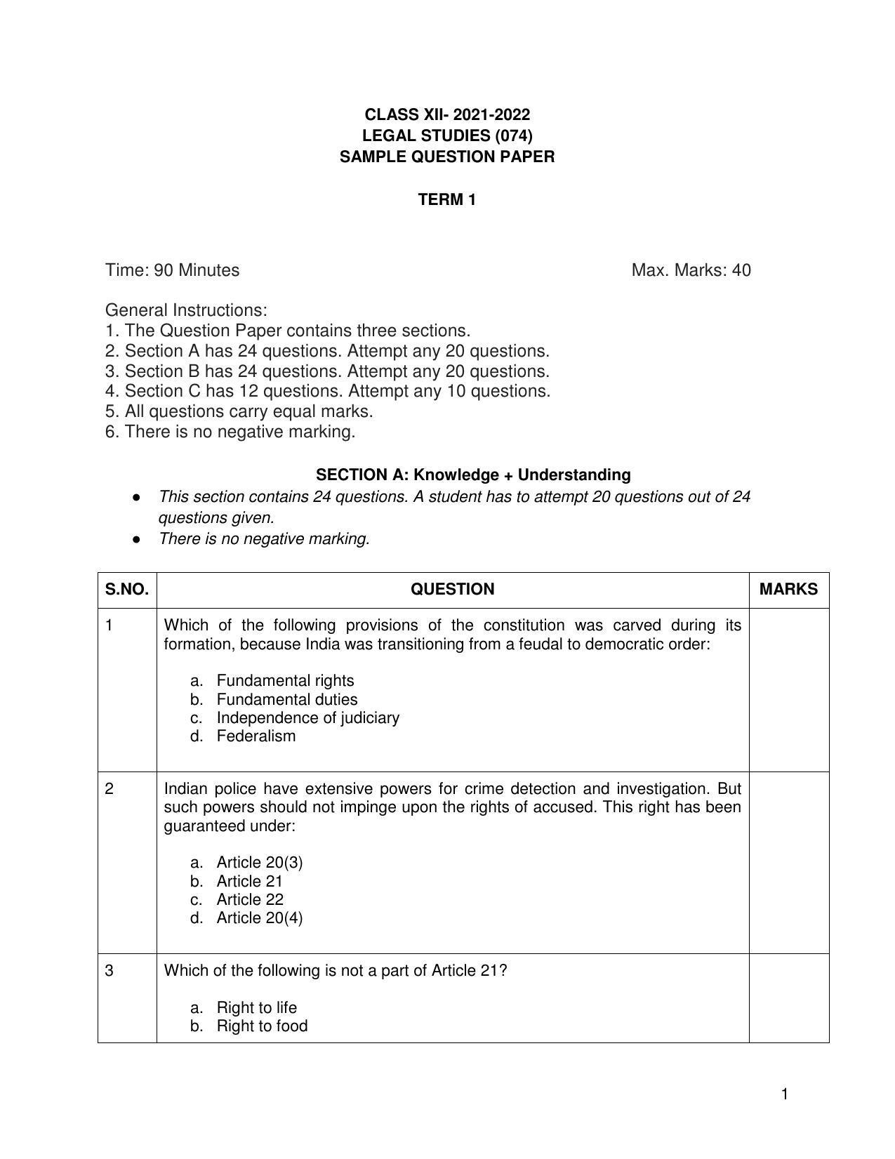 CBSE Class 12th Legal Studies Sample Question Paper 2021-22 - Page 1