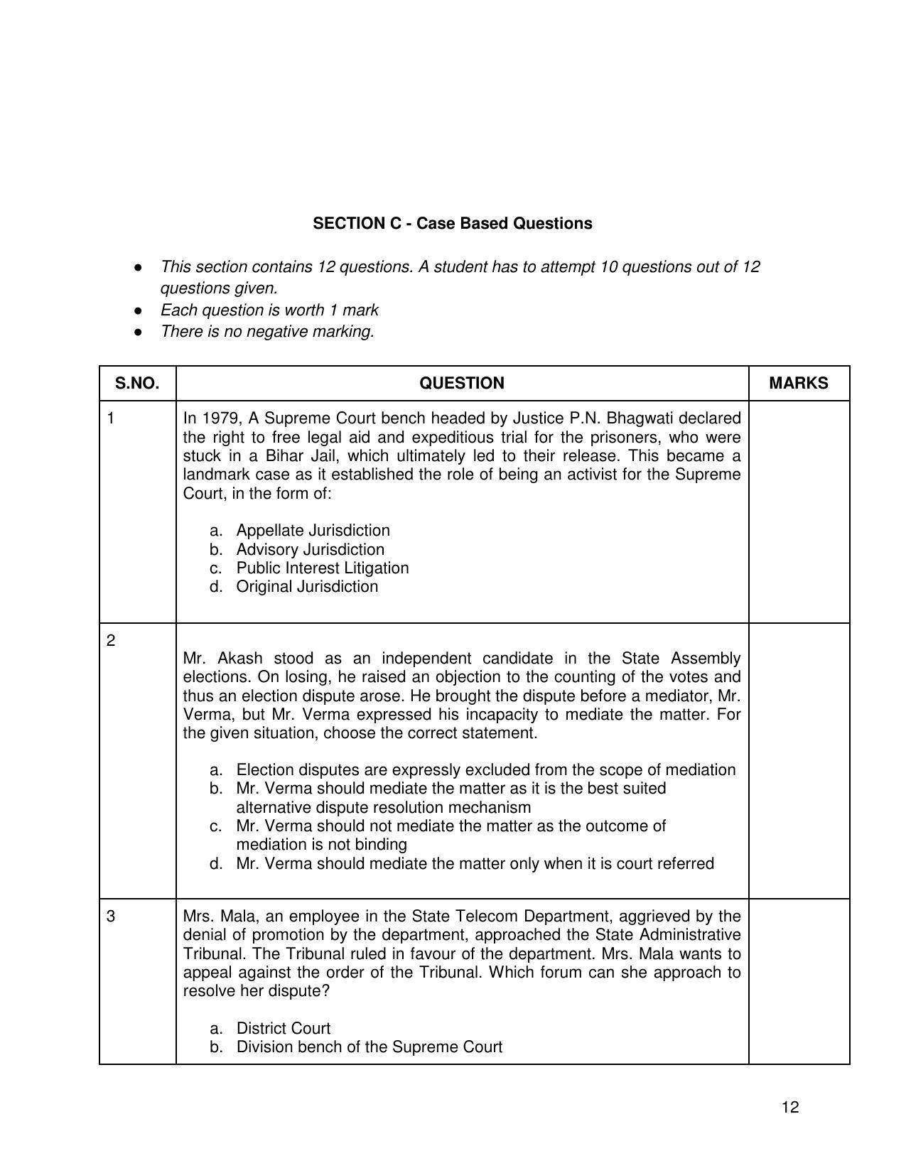 CBSE Class 12th Legal Studies Sample Question Paper 2021-22 - Page 12