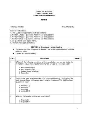 CBSE Class 12th Legal Studies Sample Question Paper 2021-22