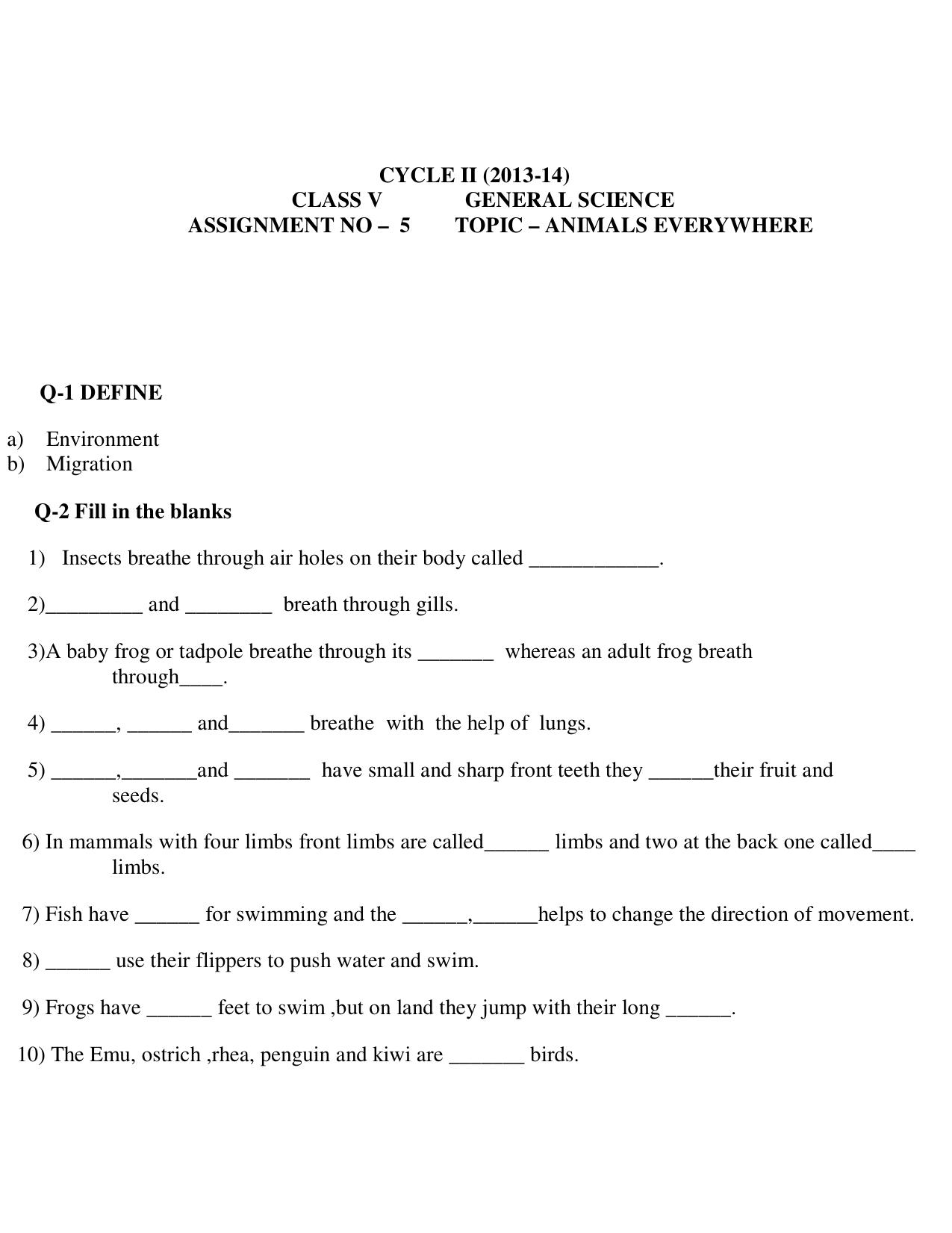 Worksheet for Class 5 Science Assignment 29 - Page 1