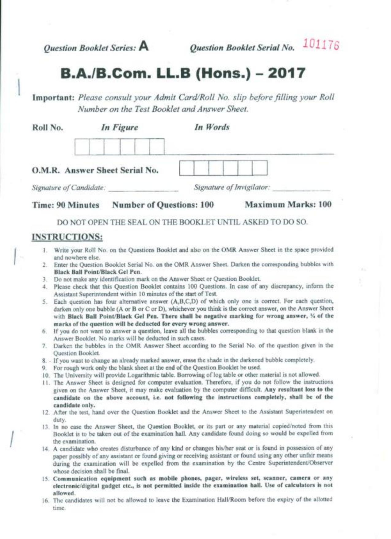 PU B.A./B.Com. LLB. (Hons.) 2017 Question Paper - Page 1