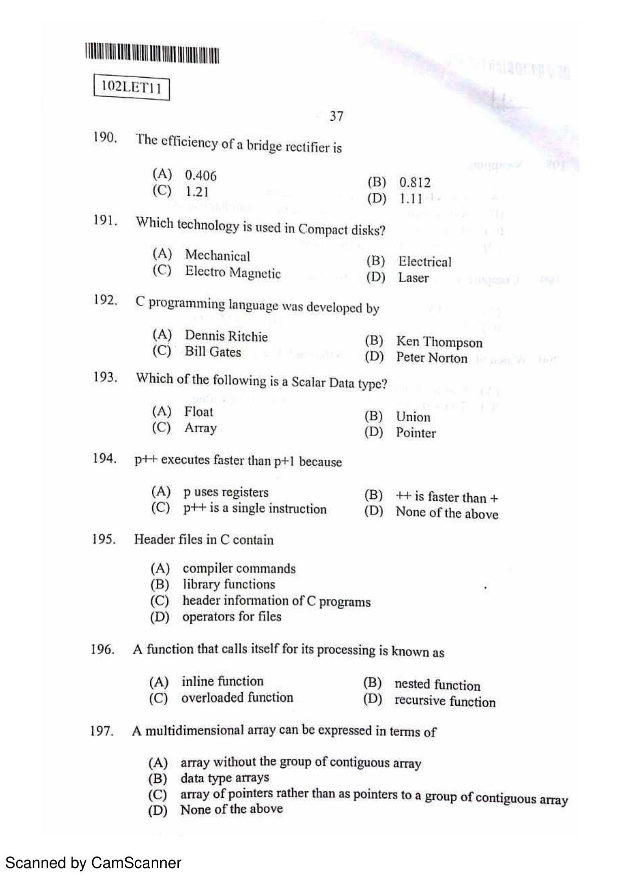 CUSAT CAT 2011 Lateral Entry Question Paper - Page 38